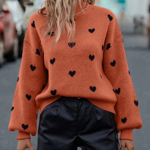 . Sweaters - Orange Casual Womens Heart Pattern Drop Shoulder Sweater